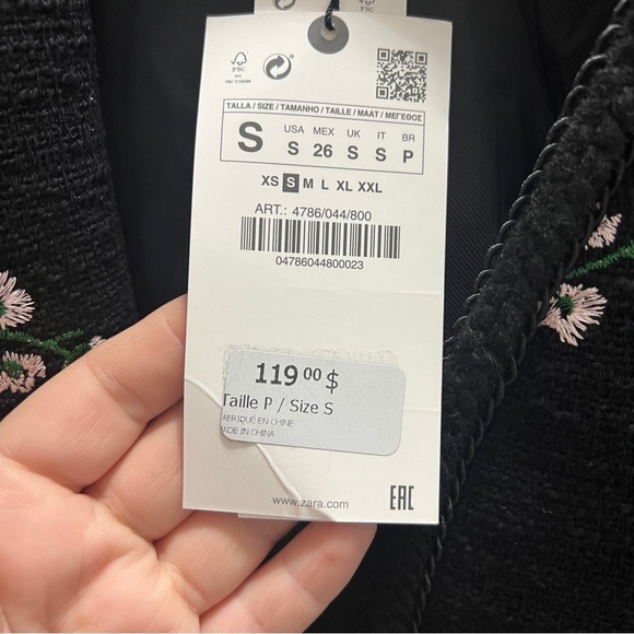Zara Floral Embroidered Black Blazer Jacket Small Preppy Casual Dark Academia - Picture 10 of 13